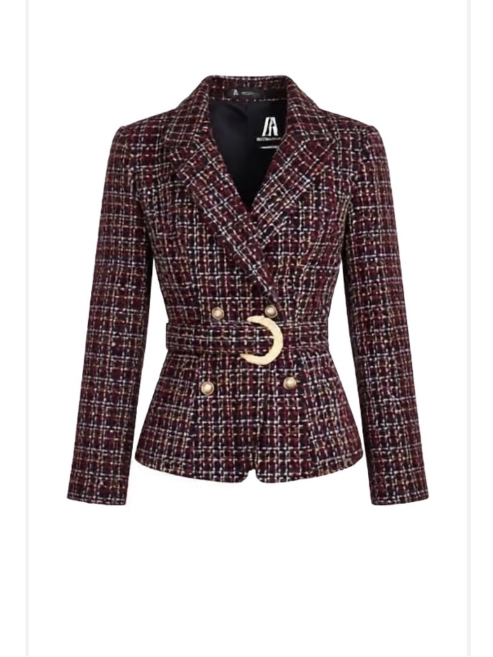 Commense Double-Breasted Tweed Blazer Jacket in Burgundy